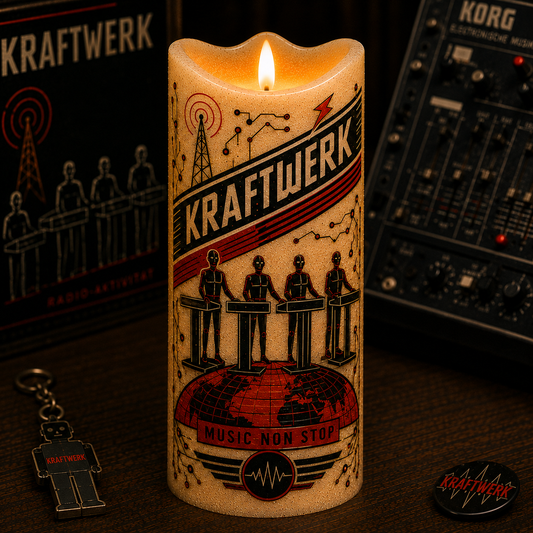 Kraftwerk Flameless LED Candle, Electronic Music LED Candle, Synth Pop Fan Gift, Retro Futuristic Decor, Battery Operated Candle