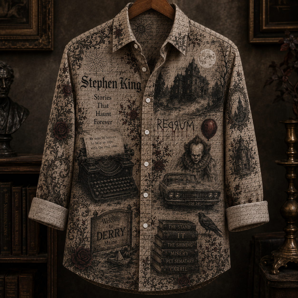 Stephen King Button Up Shirt, Horror Book Shirt, Dark Academia Literary Shirt, Pennywise Derry Maine Shirt, Gothic Halloween Gift for Readers