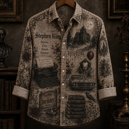 Stephen King Button Up Shirt, Horror Book Shirt, Dark Academia Literary Shirt, Pennywise Derry Maine Shirt, Gothic Halloween Gift for Readers