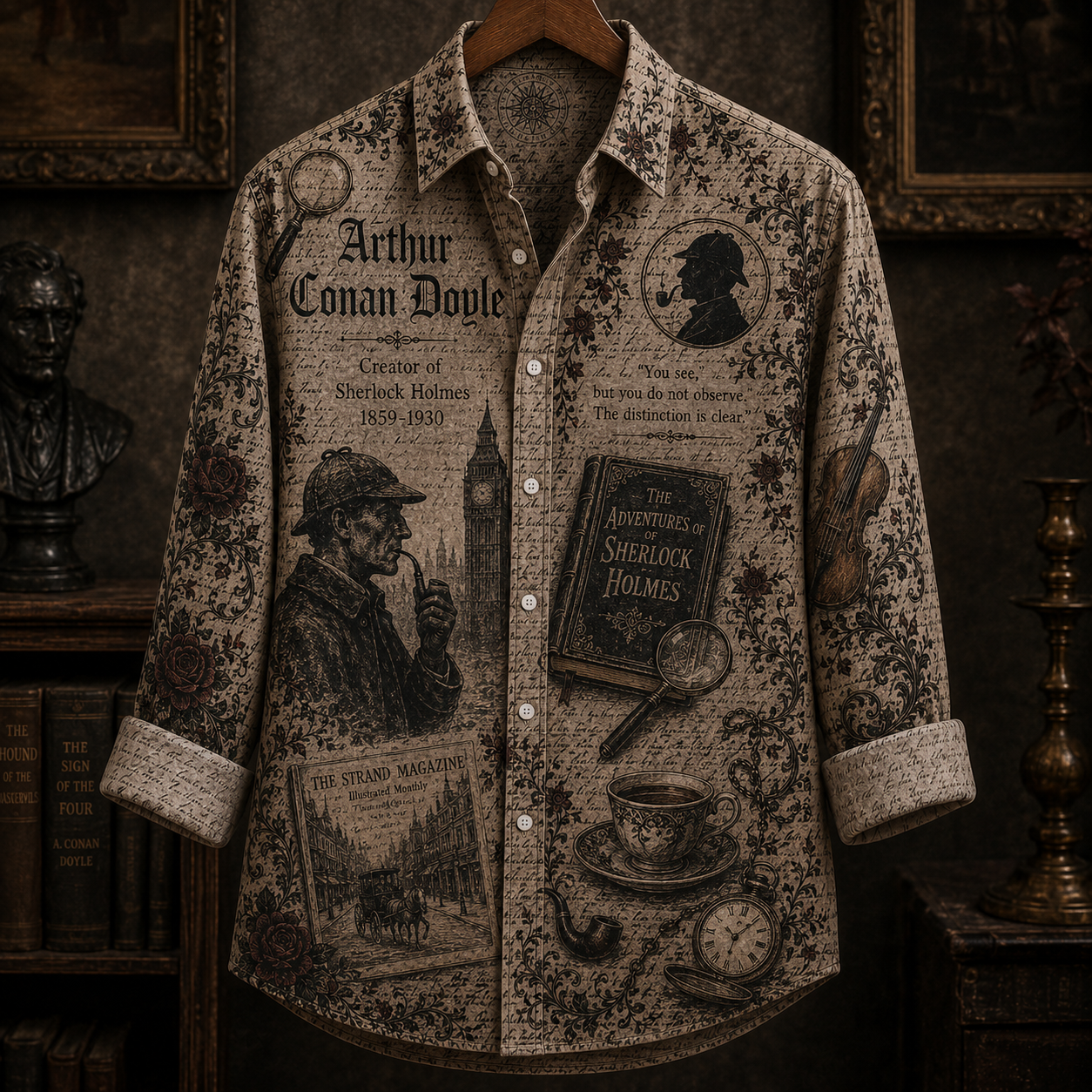 Arthur Conan Doyle Button Up Shirt, Sherlock Holmes Literary Shirt, Detective Book Lover Shirt, Dark Academia Vintage Shirt, Mystery Reader Gift