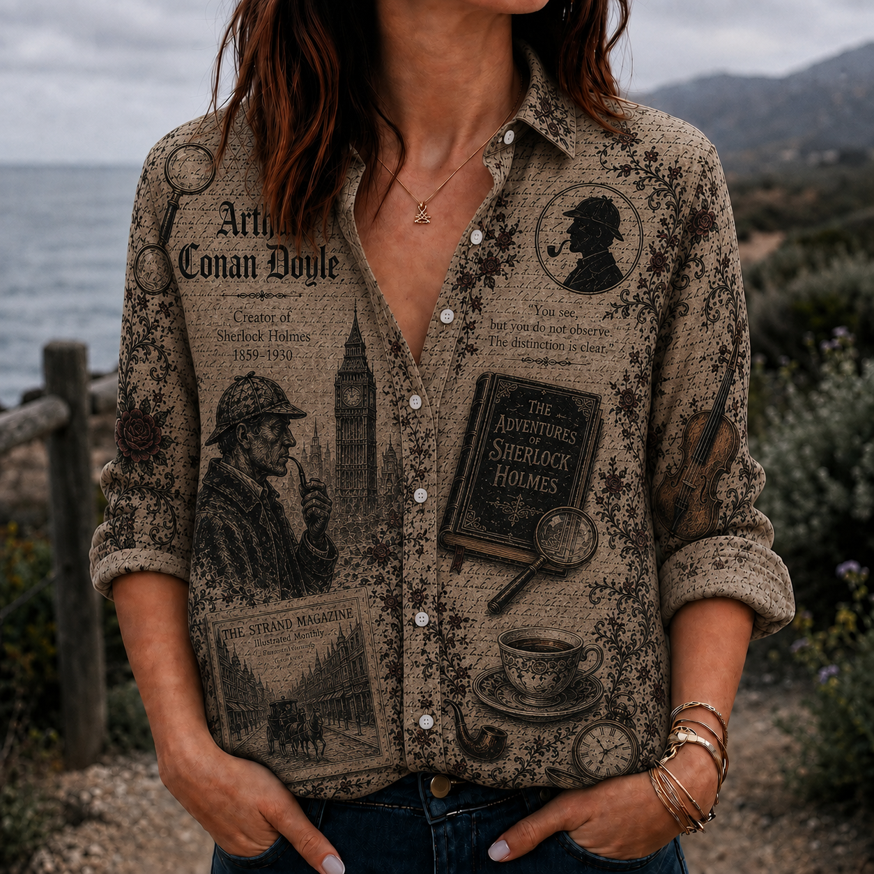 Arthur Conan Doyle Button Up Shirt, Sherlock Holmes Literary Shirt, Detective Book Lover Shirt, Dark Academia Vintage Shirt, Mystery Reader Gift