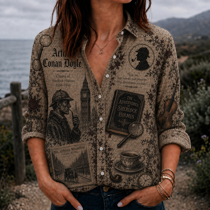 Arthur Conan Doyle Button Up Shirt, Sherlock Holmes Literary Shirt, Detective Book Lover Shirt, Dark Academia Vintage Shirt, Mystery Reader Gift