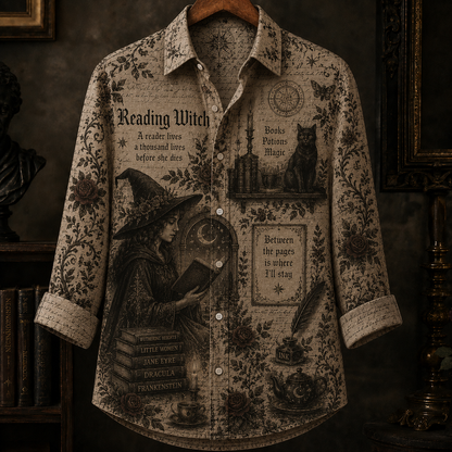 Reading Witch Button Up Shirt, Book Lover Witch Shirt, Dark Academia Literary Shirt, Gothic Reader Shirt, Halloween Bookish Gift for Women