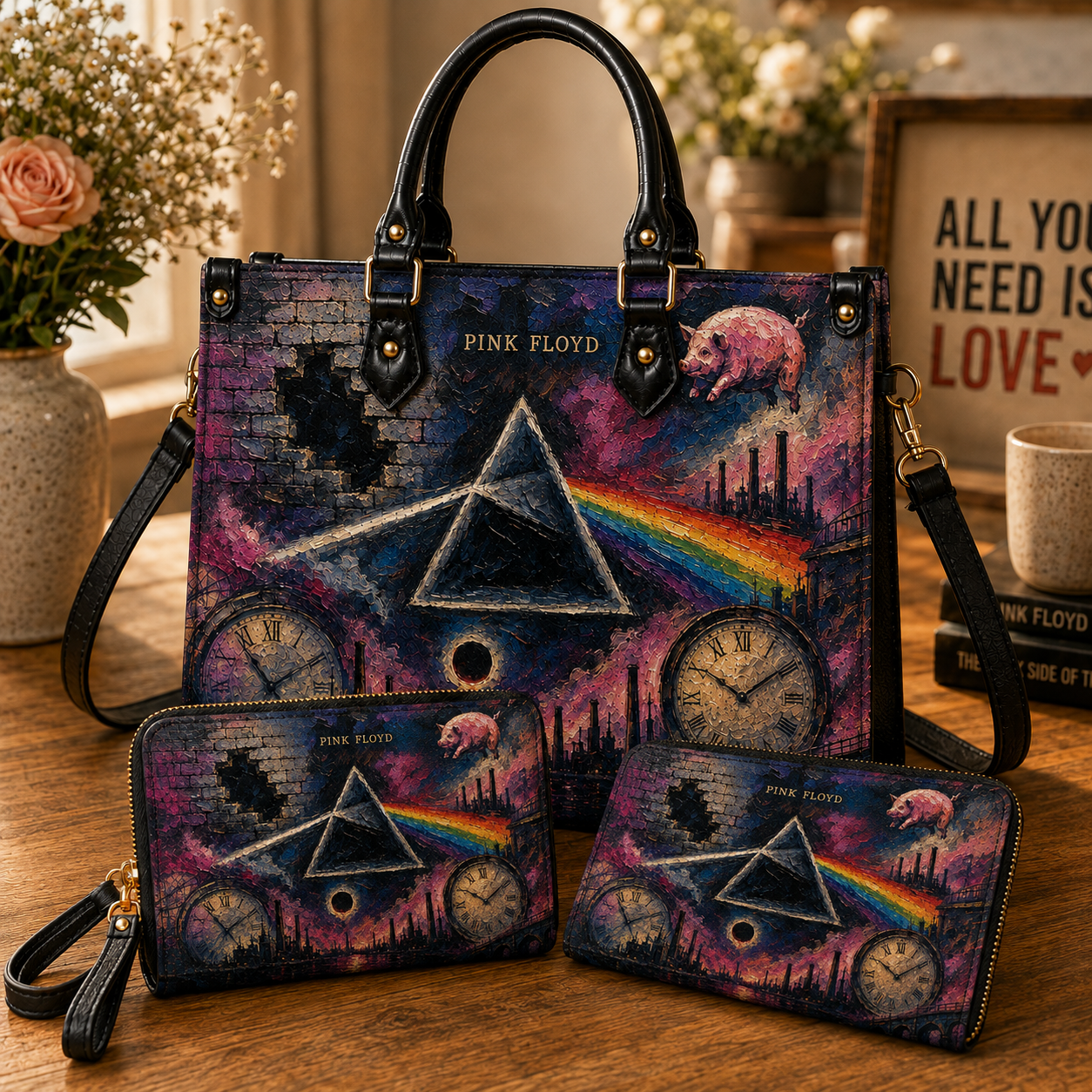 Pink Floyd Leather Handbag – Dark Side of the Moon Prism Tote Purse, Psychedelic Rock Gift for Women