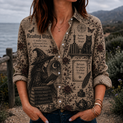 Reading Witch Button Up Shirt, Book Lover Witch Shirt, Dark Academia Literary Shirt, Gothic Reader Shirt, Halloween Bookish Gift for Women
