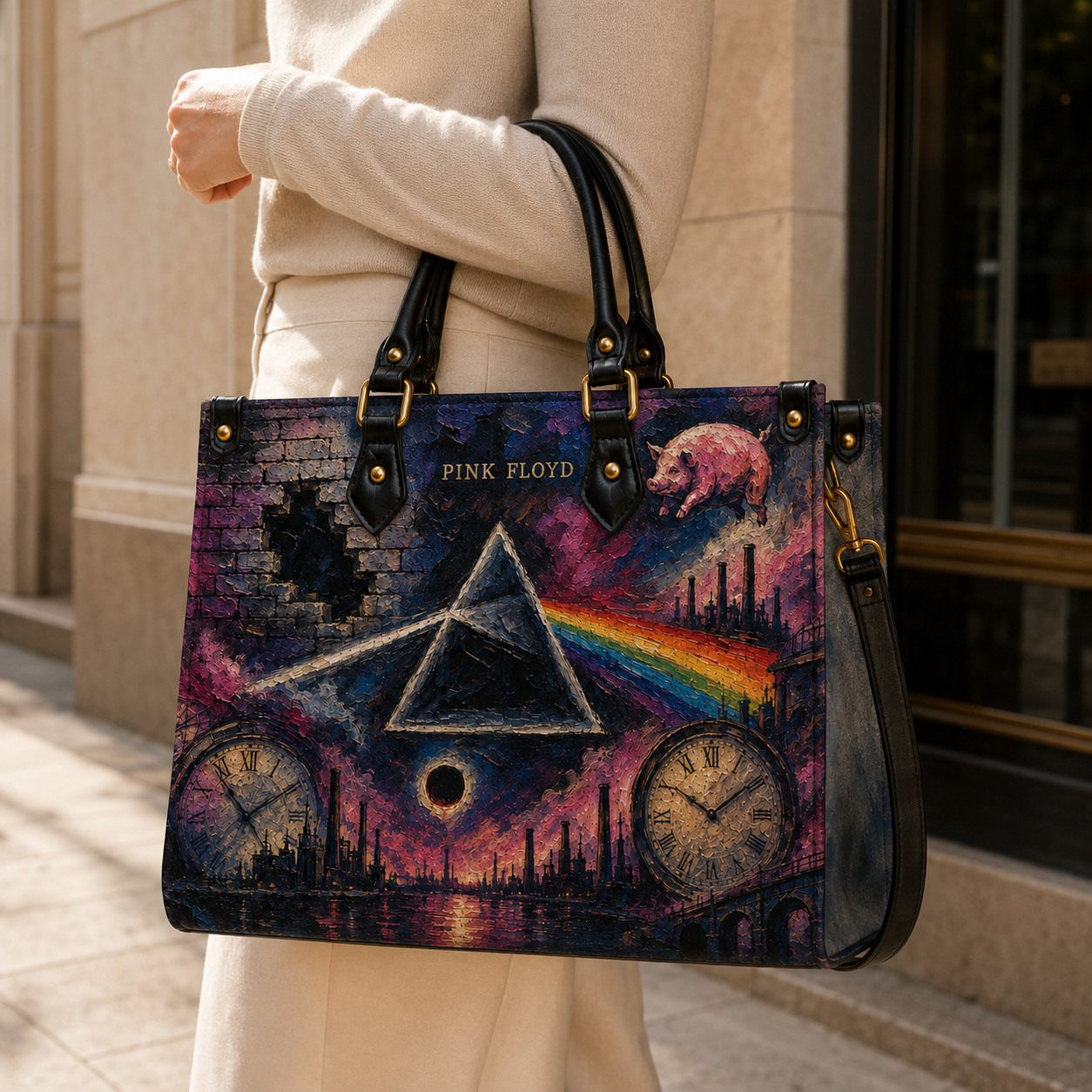 Pink Floyd Leather Handbag – Dark Side of the Moon Prism Tote Purse, Psychedelic Rock Gift for Women