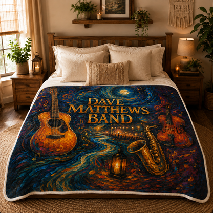 Dave Matthews Band Painterly Sherpa Blanket, DMB Music Fleece Throw, Guitar Saxophone Concert Blanket Jam Band Fan Gift