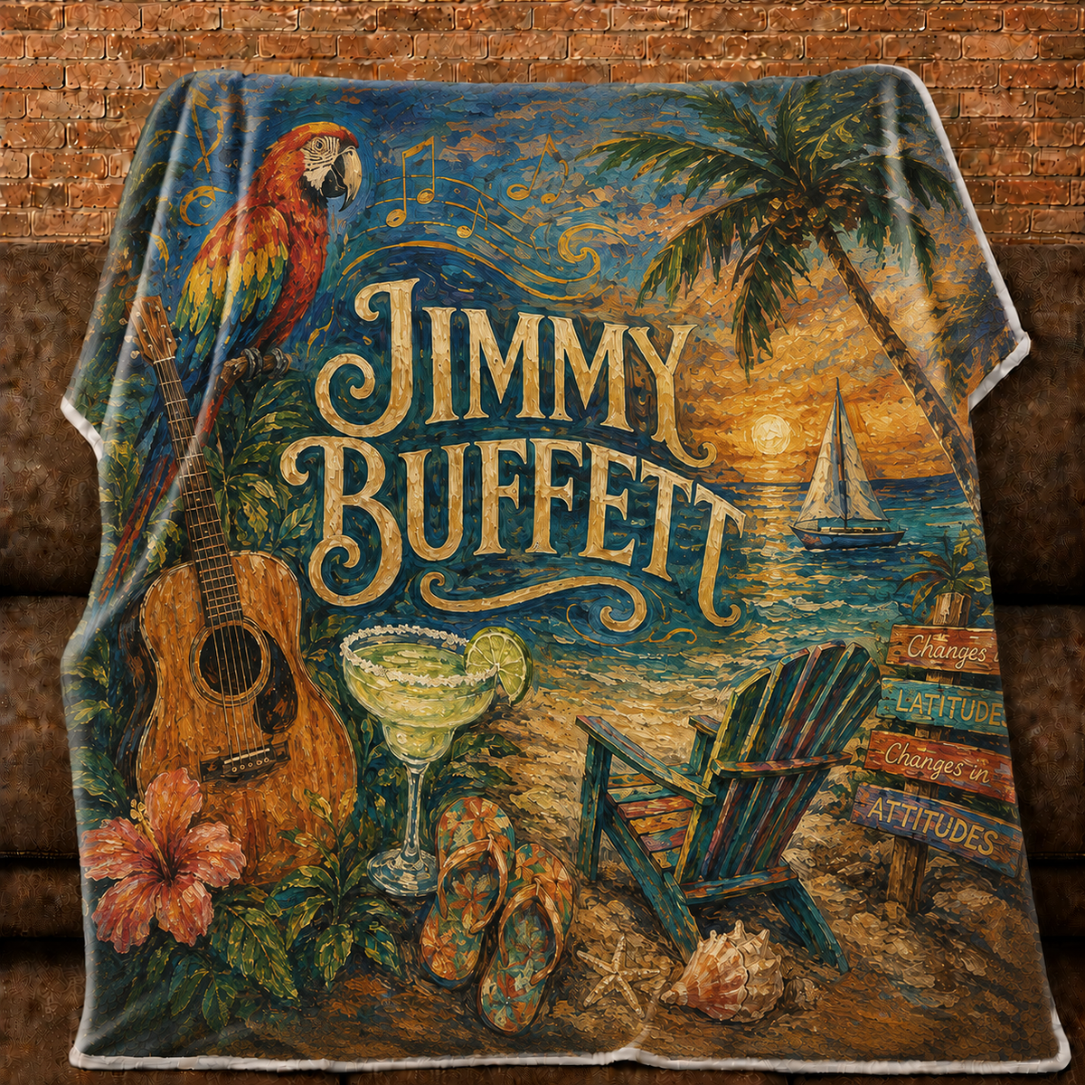 Jimmy Buffett Tropical Beach Blanket, Margaritaville Inspired Music Throw, Parrot Guitar Coastal Fleece Blanket, Parrothead Gift