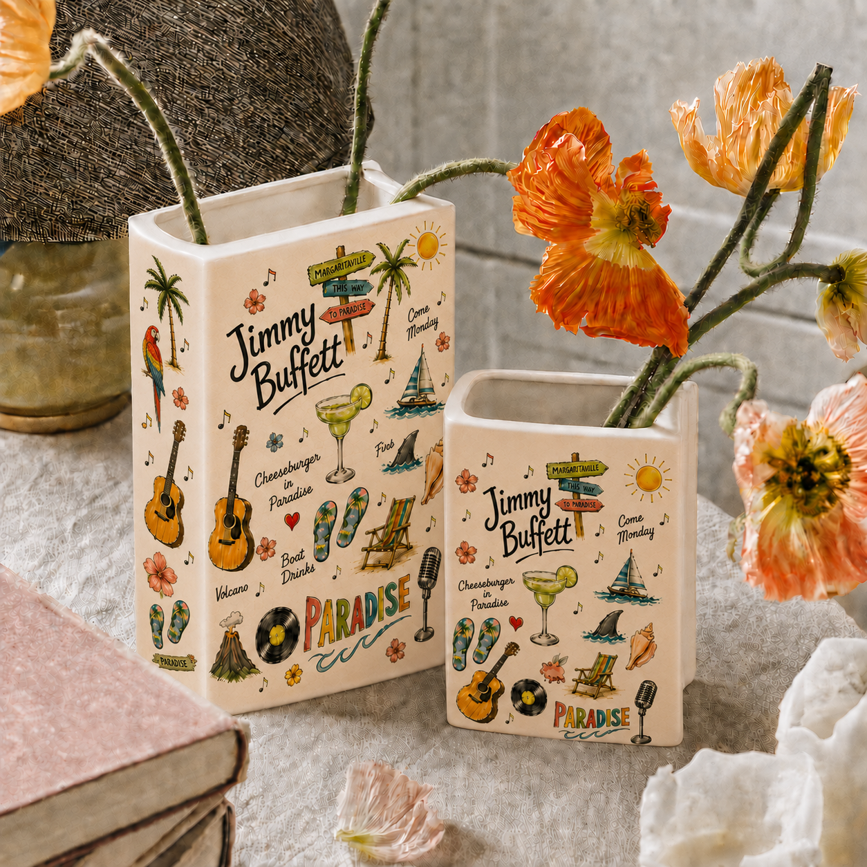Jimmy Buffett Book Vase, Margaritaville Book Shaped Vase, Ceramic Flower Vase, Coastal Bookshelf Decor, Parrothead Gift, Jimmy Buffett Fan Gift