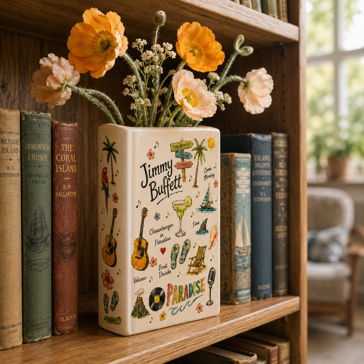 Jimmy Buffett Book Vase, Margaritaville Book Shaped Vase, Ceramic Flower Vase, Coastal Bookshelf Decor, Parrothead Gift, Jimmy Buffett Fan Gift