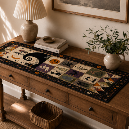 Nightmare Before Christmas Halloween Table Runner – Jack & Sally Patchwork Table Runner, Spooky Gothic Fall Dining Decor