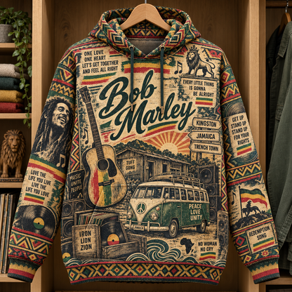 Bob Marley Reggae Legacy Hoodie – One Love Jamaica Vintage 3D Printed Pullover, Rasta Music Fan Gift