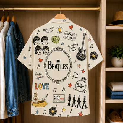 The Beatles Vintage Sketch Hawaiian Shirt - Abbey Road Music Icons All-Over Print Button-Up Shirt
