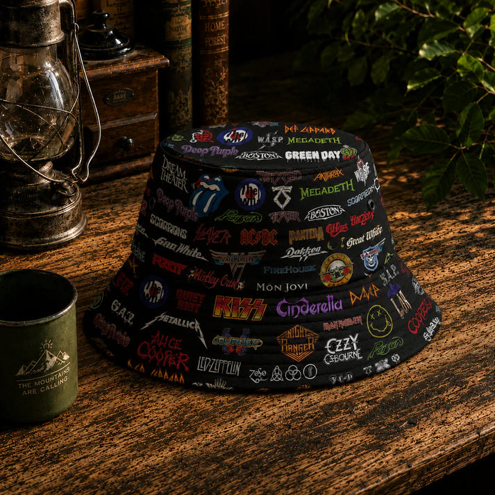 Rock Legends All-Over Print Bucket Hat – Classic Rock Band Logo Collage Festival Hat