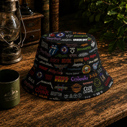 Rock Legends All-Over Print Bucket Hat – Classic Rock Band Logo Collage Festival Hat