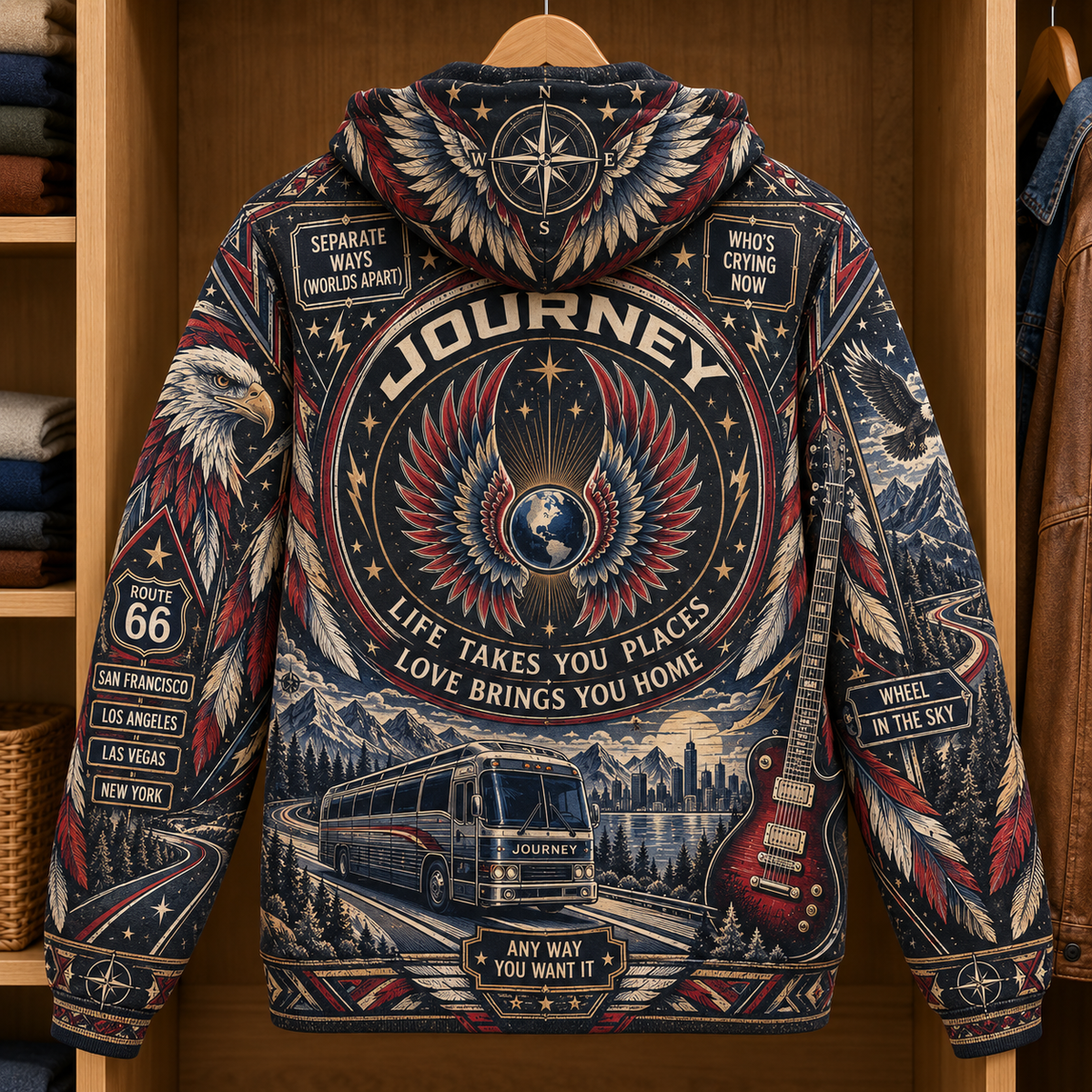 Journey Route 66 Vintage Hoodie – Classic Rock Road Trip Pullover, Winged Globe Music Fan Gift