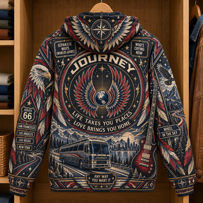 Journey Route 66 Vintage Hoodie – Classic Rock Road Trip Pullover, Winged Globe Music Fan Gift