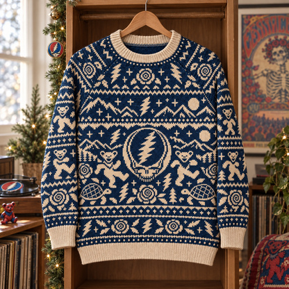 Grateful Dead Dancing Bears Knit Sweater, Steal Your Face Retro Winter Sweater, Terrapin Turtle Deadhead Holiday Gift
