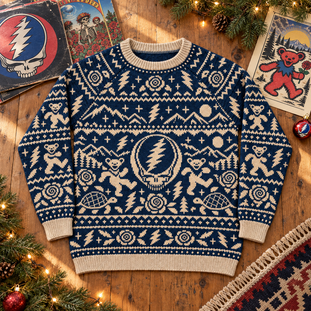 Grateful Dead Dancing Bears Knit Sweater, Steal Your Face Retro Winter Sweater, Terrapin Turtle Deadhead Holiday Gift