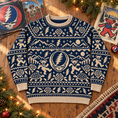 Grateful Dead Dancing Bears Knit Sweater, Steal Your Face Retro Winter Sweater, Terrapin Turtle Deadhead Holiday Gift