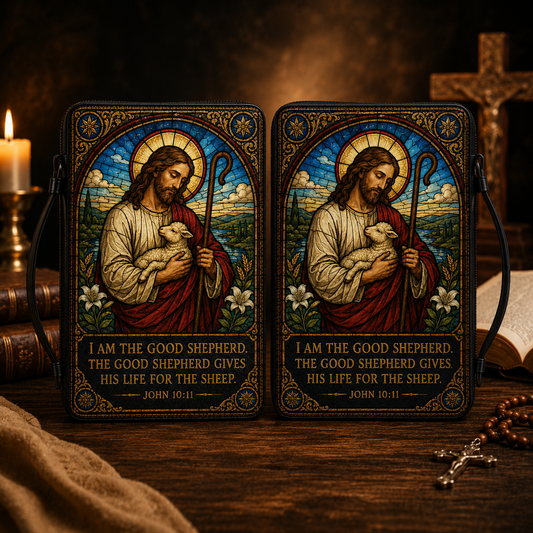 Jesus The Good Shepherd Bible Cover - Christian Leather Bible Cover with John 10:11 Scripture Design