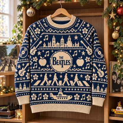 The Beatles Christmas Sweater, Abbey Road Yellow Submarine Ugly Christmas Knit Sweater, Vintage Rock Band Holiday Gift