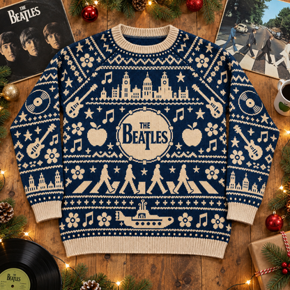 The Beatles Christmas Sweater, Abbey Road Yellow Submarine Ugly Christmas Knit Sweater, Vintage Rock Band Holiday Gift