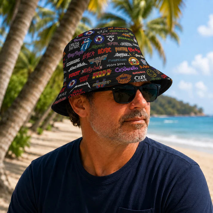 Rock Legends All-Over Print Bucket Hat – Classic Rock Band Logo Collage Festival Hat
