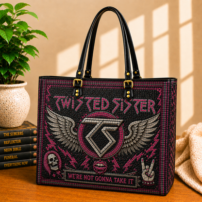 Twisted Sister Leather Handbag, Leather Tote Bag, Leather Wallet Set - Stained Glass Mosaic Twisted Sister Band Fan Gift, Luxury Rock Music Accessories