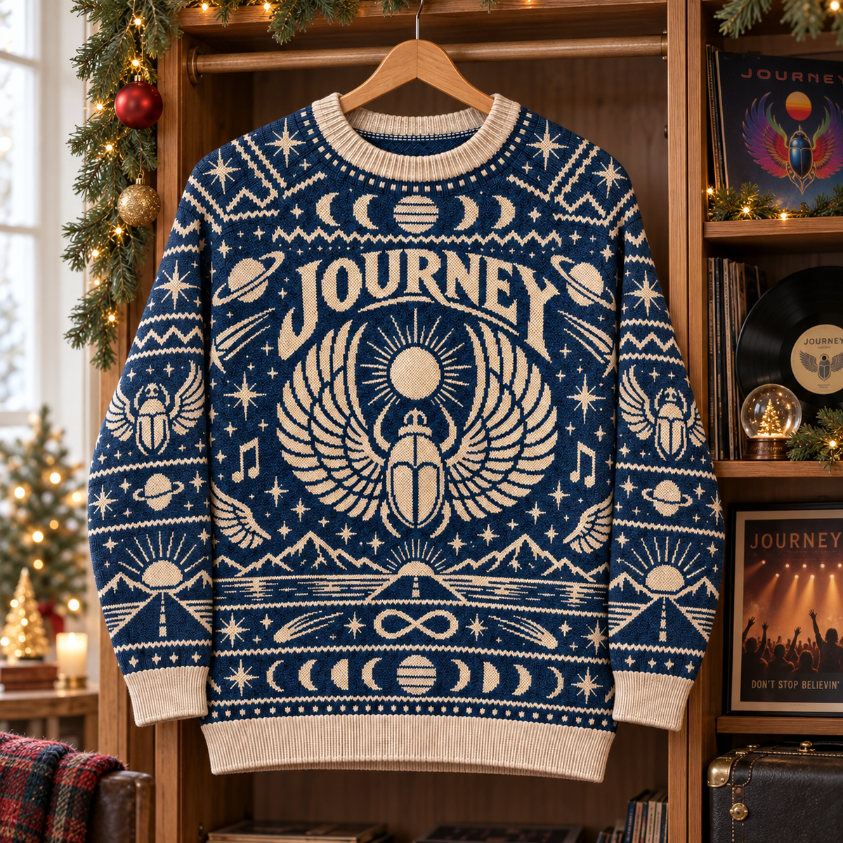 Journey Christmas Sweater, Don’t Stop Believin’ Ugly Christmas Knit Sweater, Vintage Classic Rock Holiday Gift