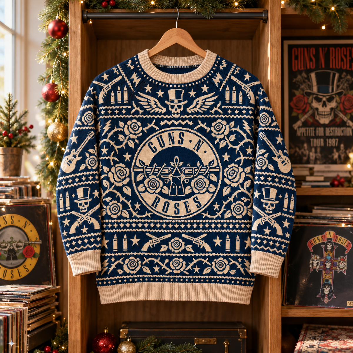 Guns N’ Roses Knit Sweater, Appetite for Destruction Rock Band Christmas Sweater, Roses & Guitar Holiday Gift for GNR Fans
