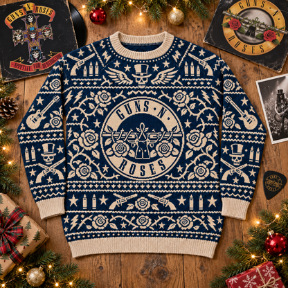 Guns N’ Roses Knit Sweater, Appetite for Destruction Rock Band Christmas Sweater, Roses & Guitar Holiday Gift for GNR Fans