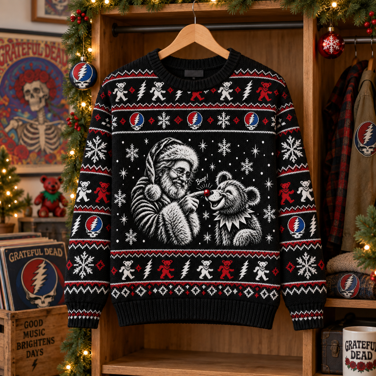 Jerry Garcia & Dancing Bear Boop Christmas Sweater, Grateful Dead Ugly Christmas Sweater, Deadhead Holiday Gift