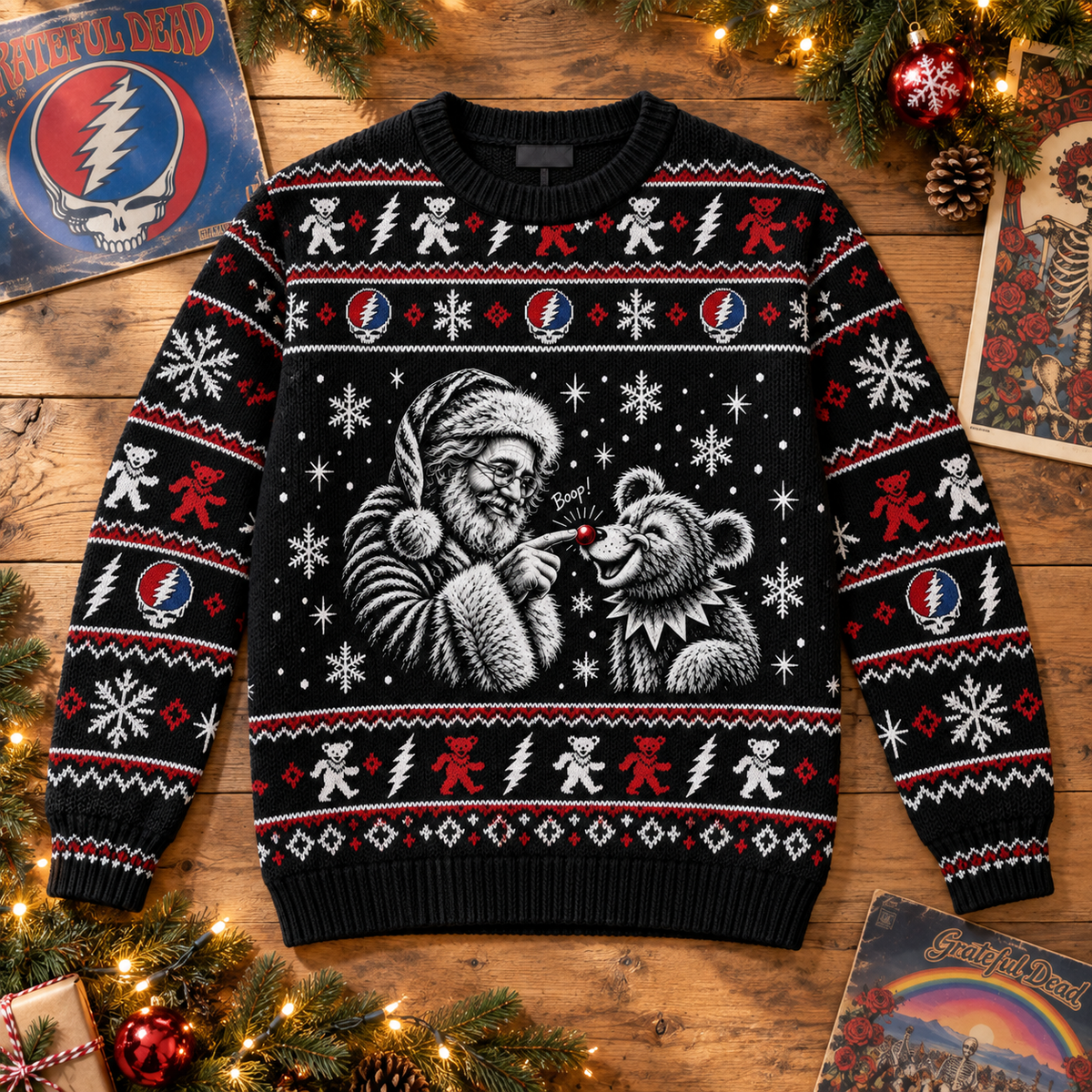 Jerry Garcia & Dancing Bear Boop Christmas Sweater, Grateful Dead Ugly Christmas Sweater, Deadhead Holiday Gift