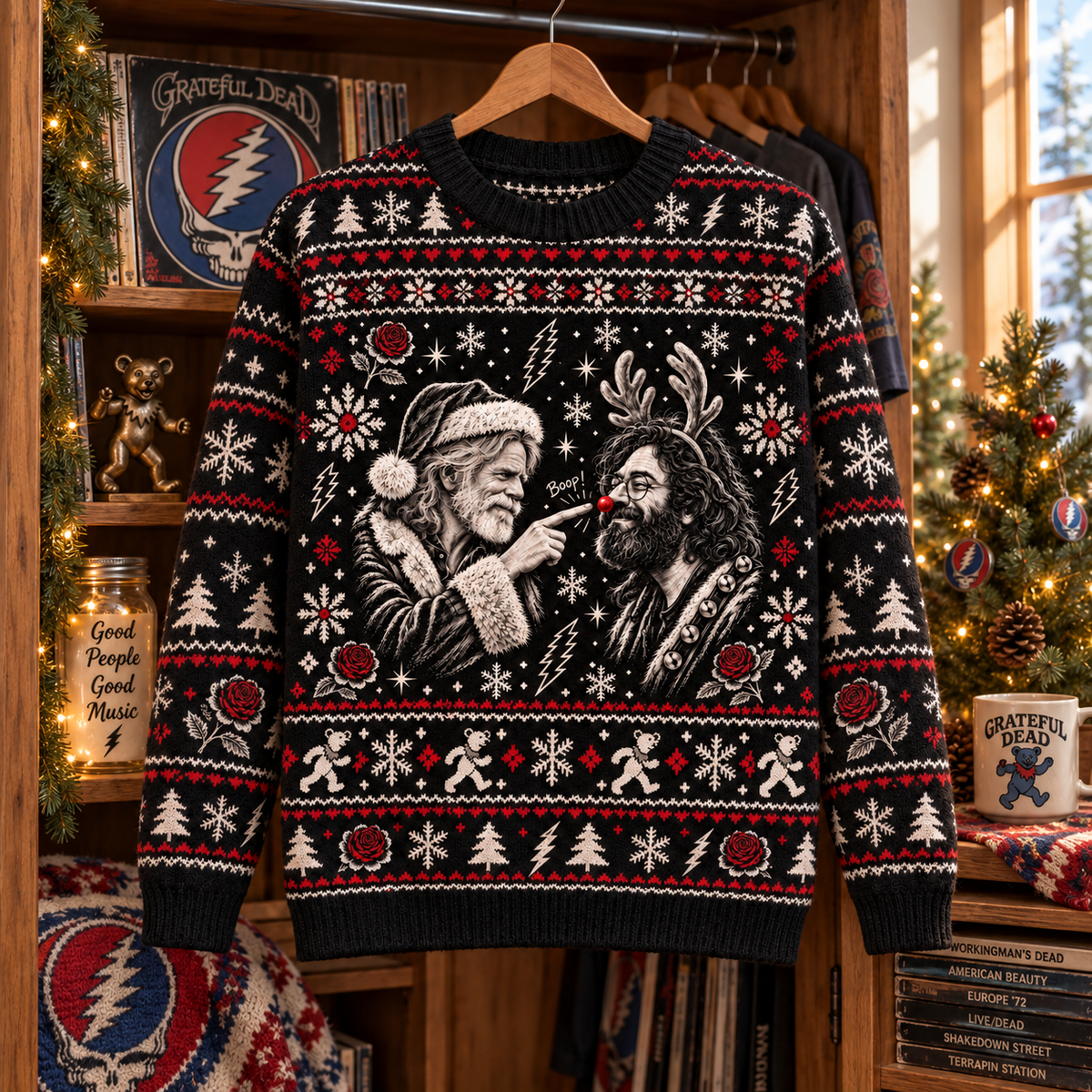 Jerry & Bobby “Boop!” Grateful Dead Christmas Sweater, Jerry Garcia & Bob Weir Ugly Holiday Sweater, Deadhead Christmas Gift