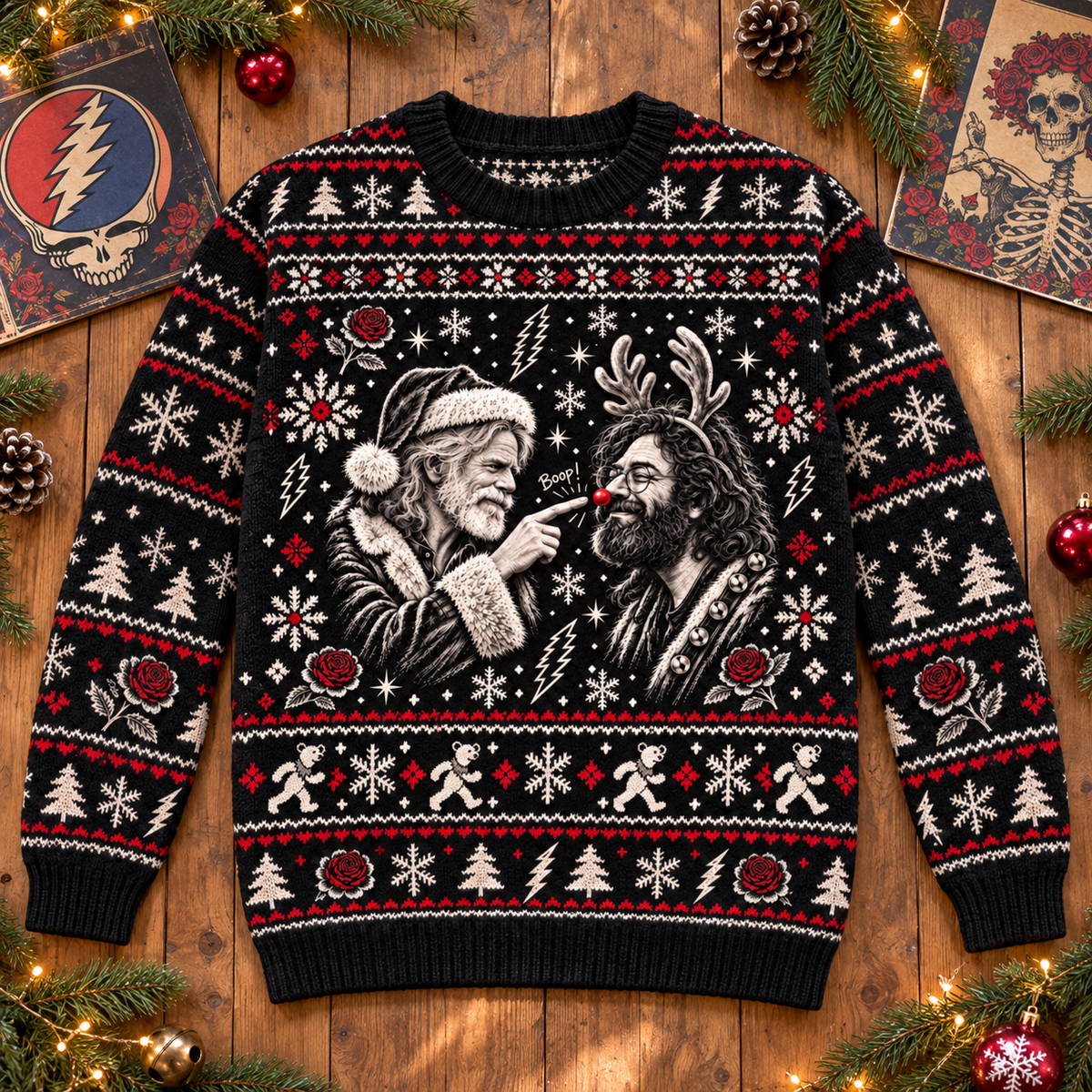 Jerry & Bobby “Boop!” Grateful Dead Christmas Sweater, Jerry Garcia & Bob Weir Ugly Holiday Sweater, Deadhead Christmas Gift