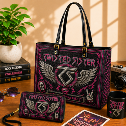 Twisted Sister Leather Handbag, Leather Tote Bag, Leather Wallet Set - Stained Glass Mosaic Twisted Sister Band Fan Gift, Luxury Rock Music Accessories
