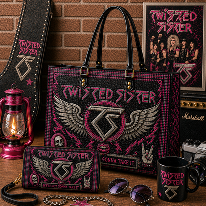 Twisted Sister Leather Handbag, Leather Tote Bag, Leather Wallet Set - Stained Glass Mosaic Twisted Sister Band Fan Gift, Luxury Rock Music Accessories