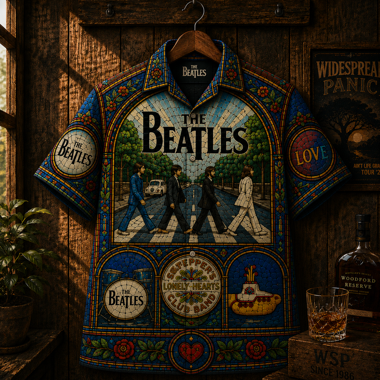 The Beatles Stained Glass Hawaiian Shirt - Abbey Road & Sgt. Pepper Retro Rock Button-Up Shirt