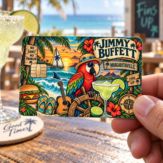 Jimmy Buffett Credit Card Sticker, Margaritaville Fins Up Tropical Card Skin, Parrothead Beach Music Wallet Decal Gift