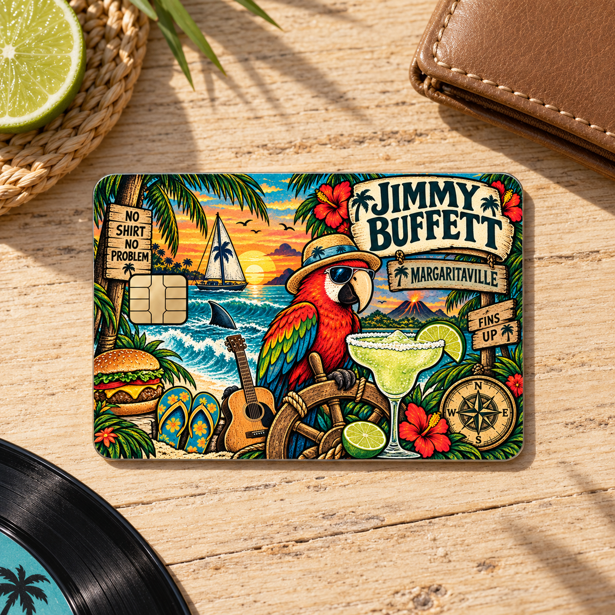 Jimmy Buffett Credit Card Sticker, Margaritaville Fins Up Tropical Card Skin, Parrothead Beach Music Wallet Decal Gift