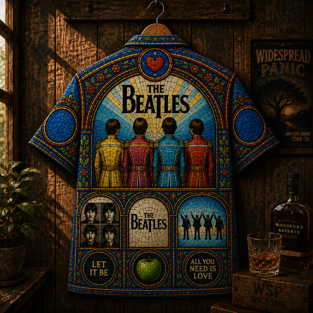 The Beatles Stained Glass Hawaiian Shirt - Abbey Road & Sgt. Pepper Retro Rock Button-Up Shirt