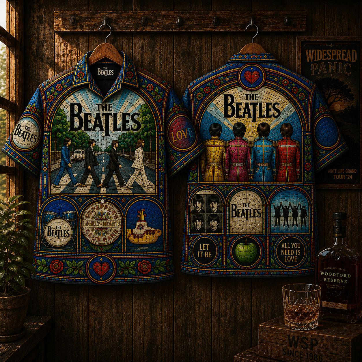 The Beatles Stained Glass Hawaiian Shirt - Abbey Road & Sgt. Pepper Retro Rock Button-Up Shirt