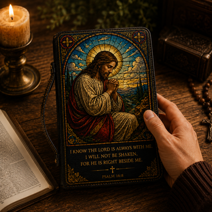 Christian Bible Cover - Praying Jesus Bible Cover with Psalm 16:8 and Isaiah 60:22 Scripture Design