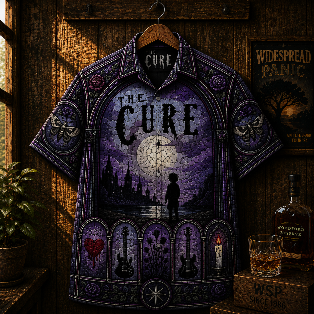 The Cure Gothic Hawaiian Shirt - Dark Wave Alternative Rock Button-Up Shirt - Vintage Stained Glass Music Apparel