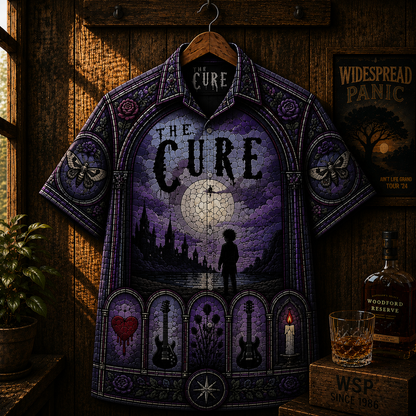 The Cure Gothic Hawaiian Shirt - Dark Wave Alternative Rock Button-Up Shirt - Vintage Stained Glass Music Apparel