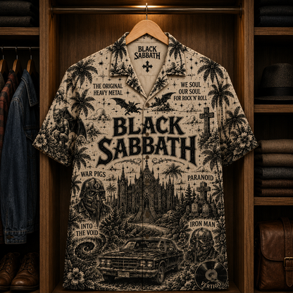 Black Sabbath Greatest Hits Hawaiian Shirt - Heavy Metal Band Cross Cemetery Button-Up Summer Shirt for Fans