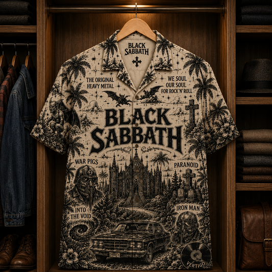 Black Sabbath Greatest Hits Hawaiian Shirt - Heavy Metal Band Cross Cemetery Button-Up Summer Shirt for Fans