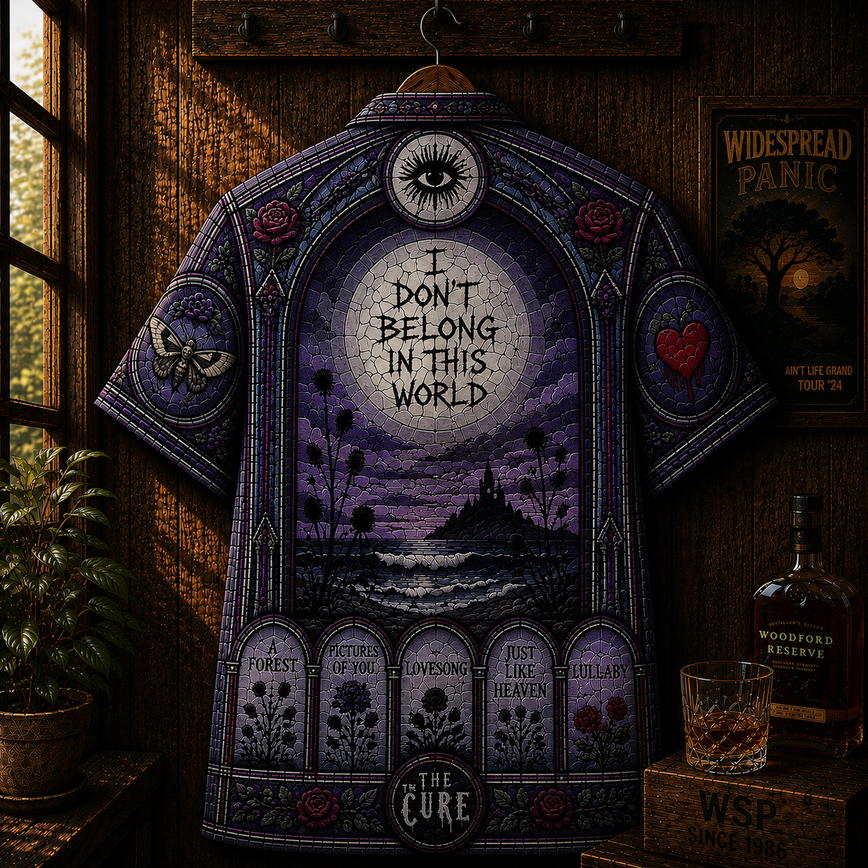 The Cure Gothic Hawaiian Shirt - Dark Wave Alternative Rock Button-Up Shirt - Vintage Stained Glass Music Apparel