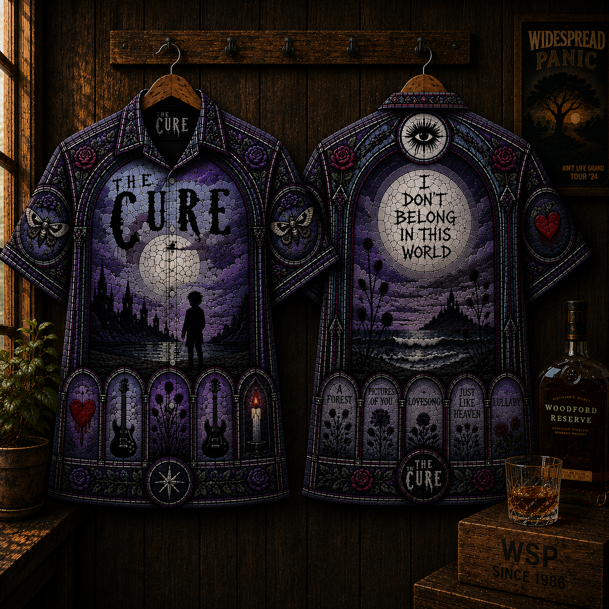 The Cure Gothic Hawaiian Shirt - Dark Wave Alternative Rock Button-Up Shirt - Vintage Stained Glass Music Apparel